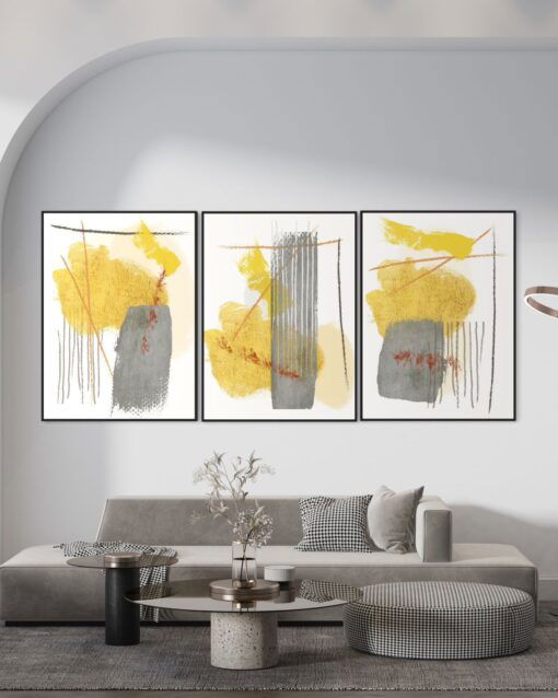 Yellow Motion: Abstract Yellow and Gray Triptych - Printed Canvas