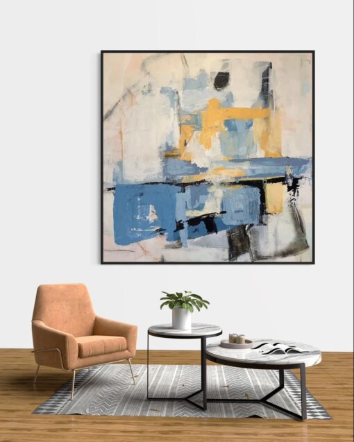 Abstracted Harmony: Blue and Yellow Abstract - Printed Canvas