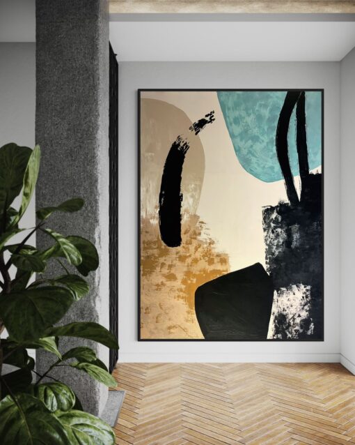 Turquoise and Beige Abstract with Bold Black Accents 110*150 cm
