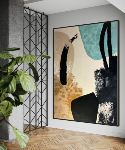 WhatsApp Image 2024 03 25 at 11.01.24 AM Turquoise and Beige Abstract with Bold Black Accents 110*150 cm