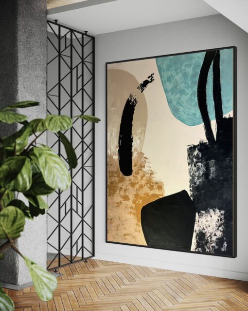 Turquoise and Beige Abstract with Bold Black Accents 110*150 cm - Image 3
