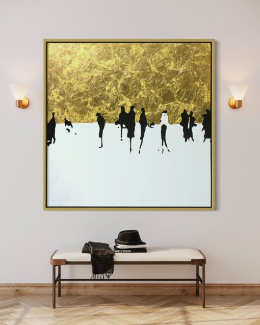 Golden Horizon with Silhouettes Abstract Art