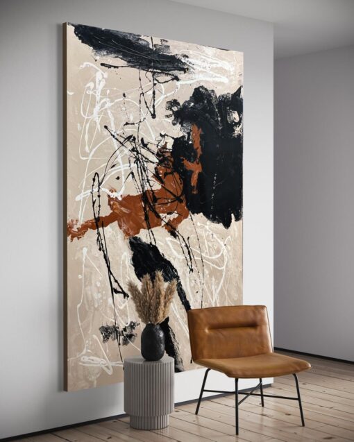 Modern Black and Orange Pouring Abstract Art 100*150 Cm - Image 3