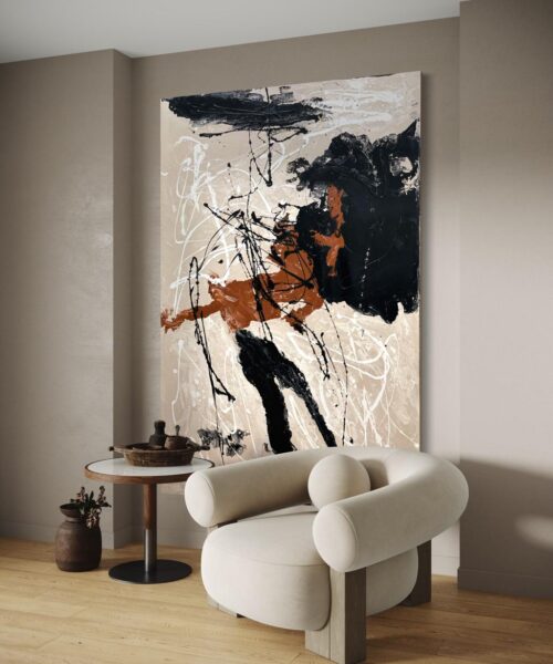 Modern Black and Orange Pouring Abstract Art