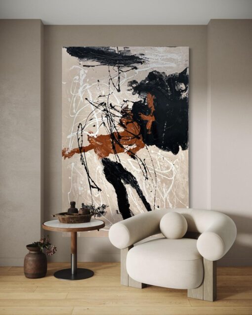 Modern Black and Orange Pouring Abstract Art 100*150 Cm - Image 2