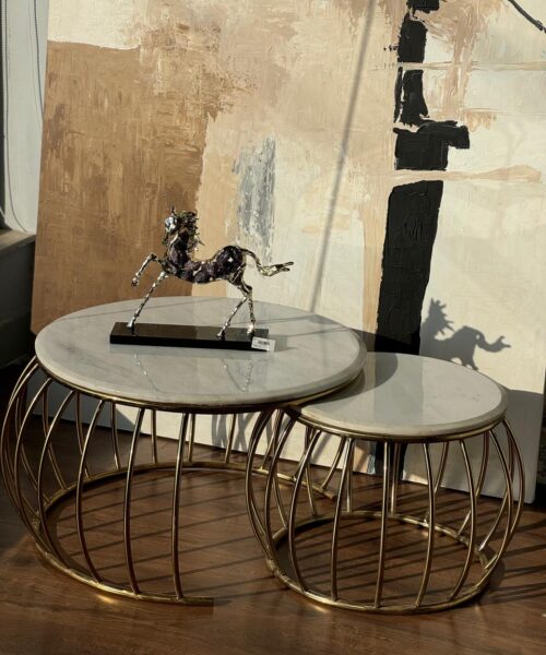 Stainless tables set with white marble (2Pcs)