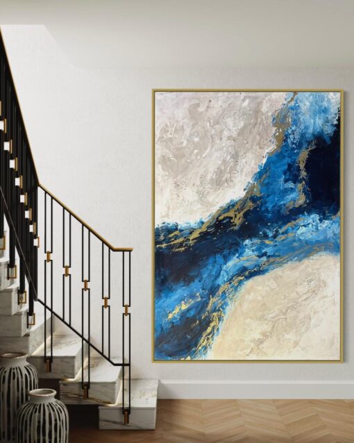 Oceanic Essence – Abstract Blue and Gold Art 130*90cm