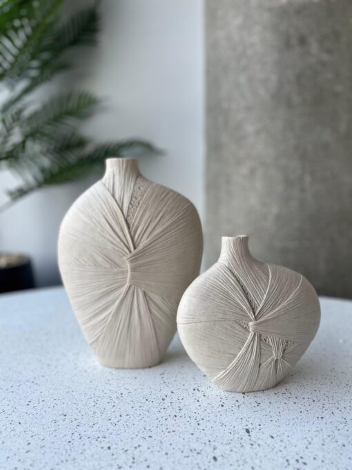 Textured Linen-Inspired Pottery Vase Duo