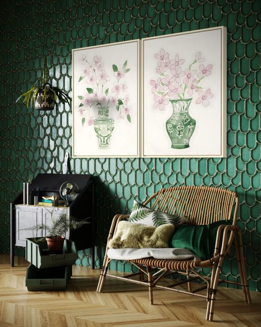 Blossom Harmony: Green Vase Floral Duo – Glass Frame Set (2P) - Image 2
