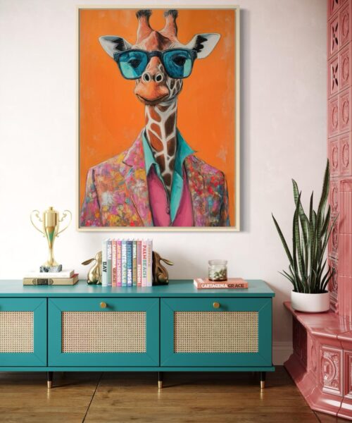 Giraffe Cool: Neon Style Glass Frame Art